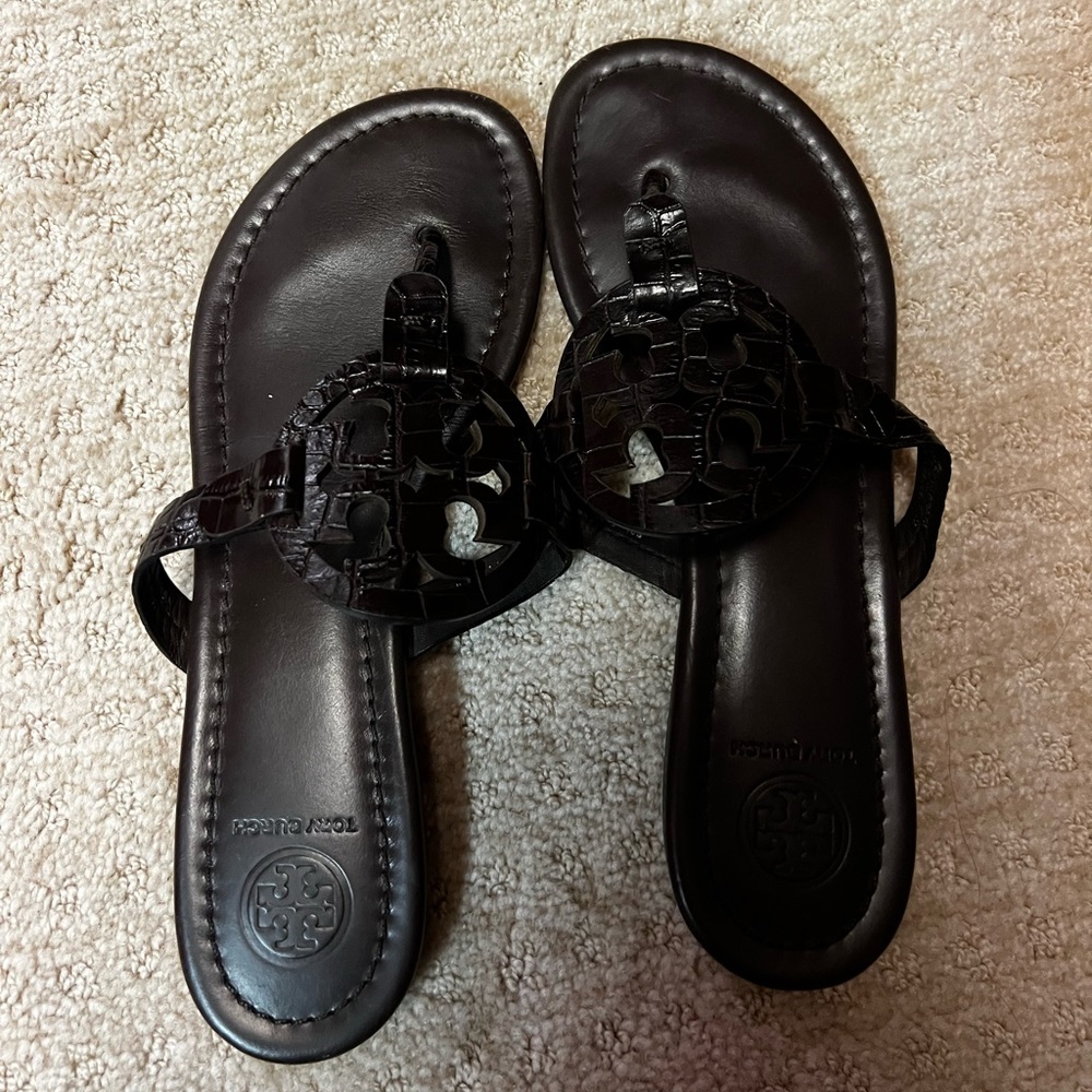 Tory Burch Miller Sandals dark brown crocodile